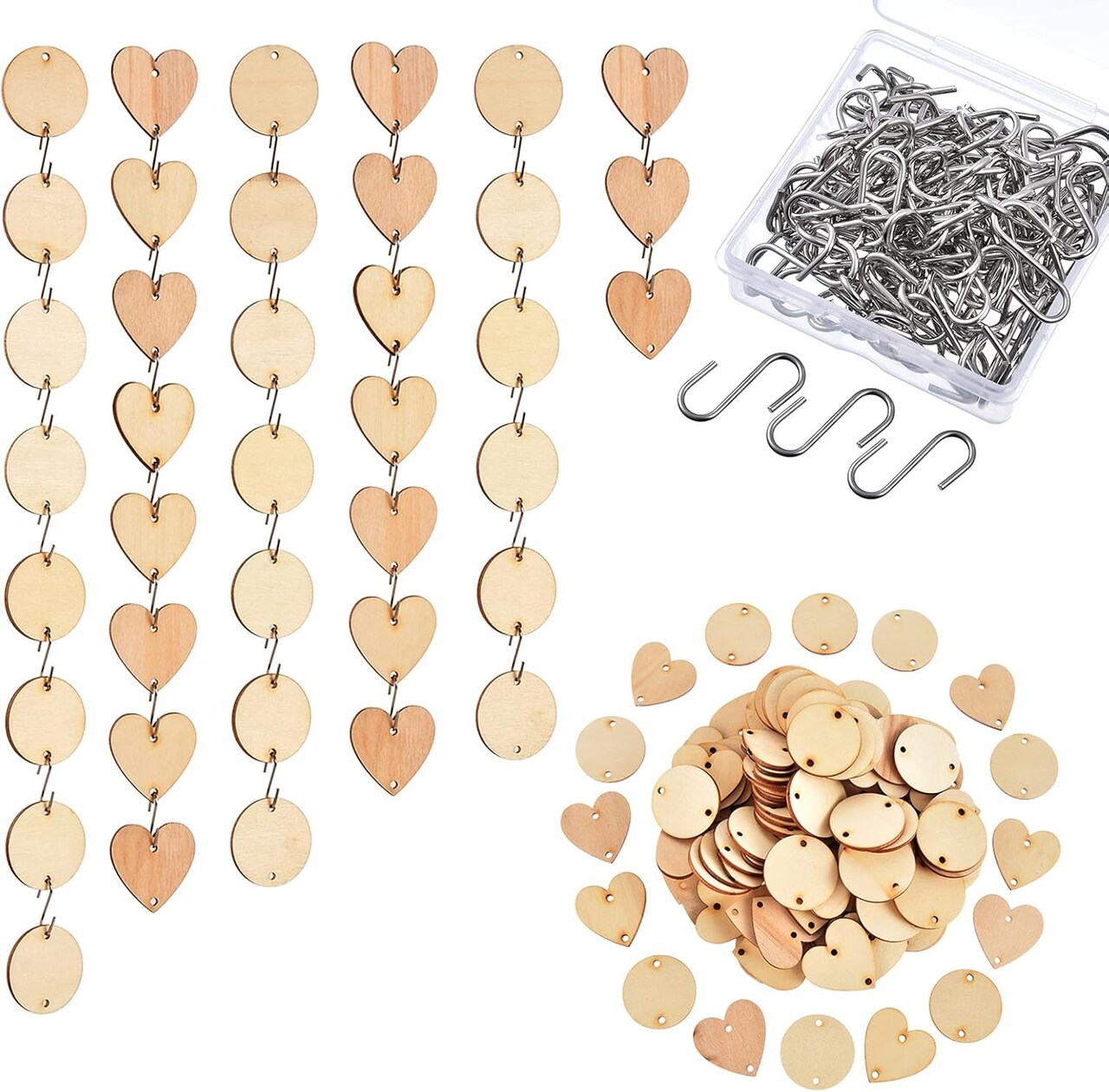 240 Pcs Wooden Circle Set 120 Pcs Wooden Heart Round Tags with Holes 120 Pcs S Shaped Hook